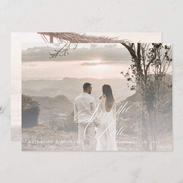 Romantic Script Calligraphy Add Photo Wedding Save Save The Date (Front/Back)