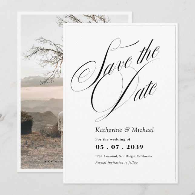 Romantic Script Calligraphy Add Photo Wedding Save The Date (Front/Back)