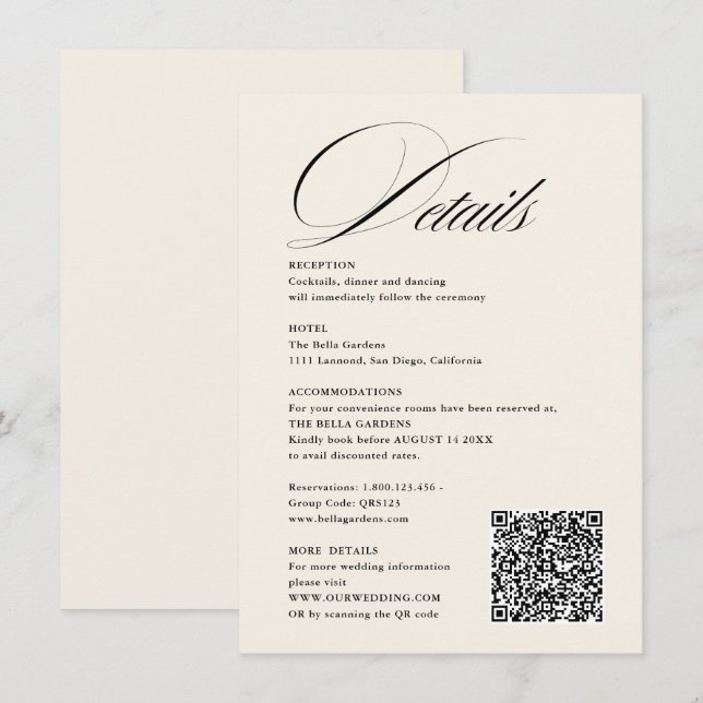 Romantic Script Calligraphy Details QRcode Wedding Enclosure Card (Front/Back)