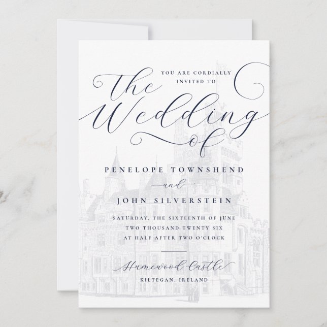 Romantic Script Castle Illustration Wedding Invitation (Front)