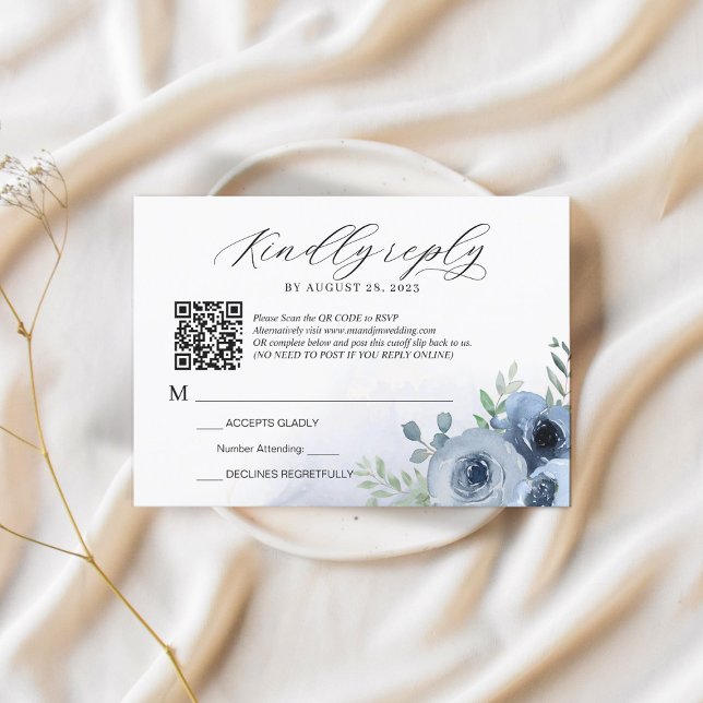 Romantic Script Dusty Blue Floral QR Code Wedding RSVP Card (Creator Uploaded)