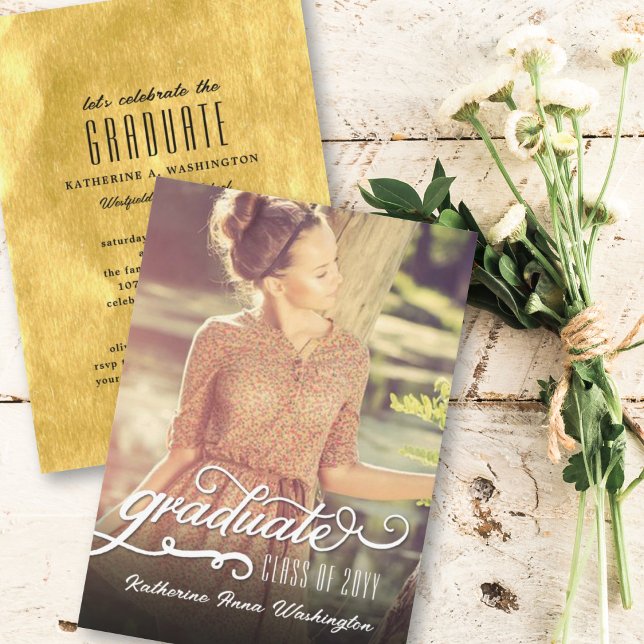 Romantic Script Gold Foil Photo Graduation Party Invitation (Creator Uploaded)