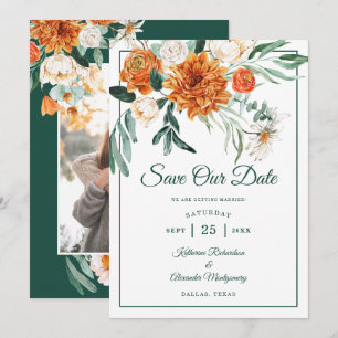 Romantic Script Green Autumn Floral Wedding Photo Save The Date