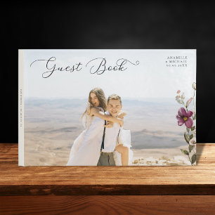 Romantic Script Photo & Wildflowers Ivory Wedding Guest Book