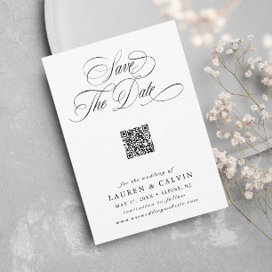 Romantic Script QR Code Black & White Save The Date