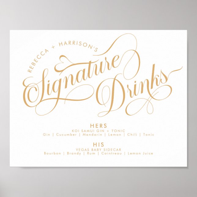 Romantic Script Signature Drinks Wedding Bar Gold Poster (Front)