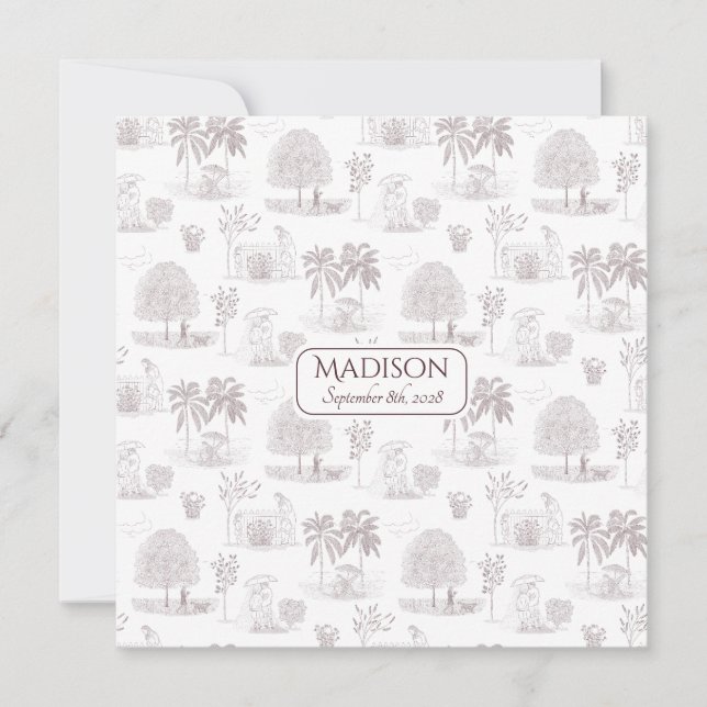 Romantic Script Toile Birth Announcement  (Front)