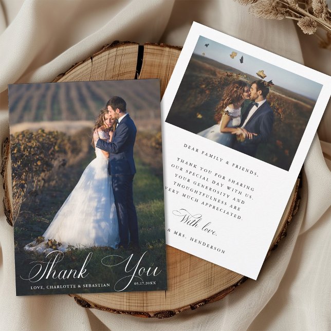 Romantic Script Wedding 2 Photo Thank You Card (Front & Back)