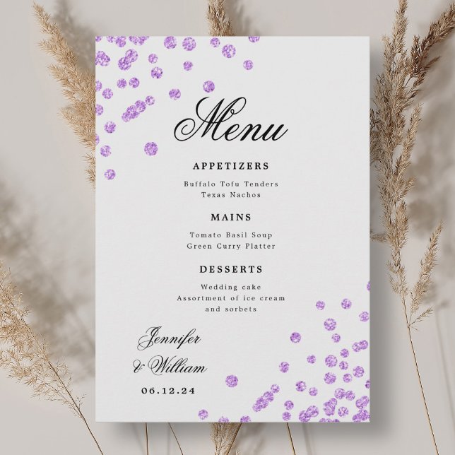 Romantic Script Wedding Confetti Purple  Menu (Romantic Script Wedding Confetti Purple Menu)