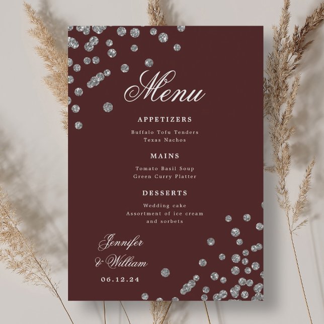 Romantic Script Wedding Confetti Silver Burgundy  Menu (Romantic Script Wedding Confetti Silver Burgundy Menu)