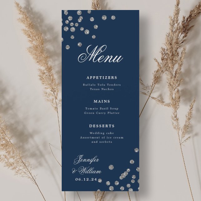 Romantic Script Wedding Confetti Silver Navy Menu (Romantic Script Wedding Confetti Silver Navy Menu)