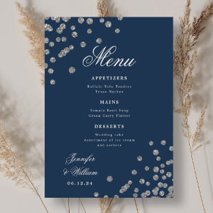 Romantic Script Wedding Confetti Silver Navy Menu