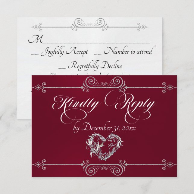 Romantic Scroll Heart - Burgundy RSVP Card (Front/Back)