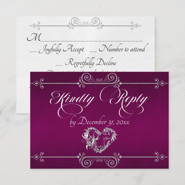 Romantic Scroll Heart - Plum RSVP Card (Front/Back)