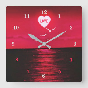 Romantic Sea Sunset Clock Ueart Sun Text Love