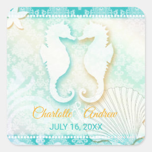 Romantic Seahorse Pair Beach Wedding Save the Date Square Sticker