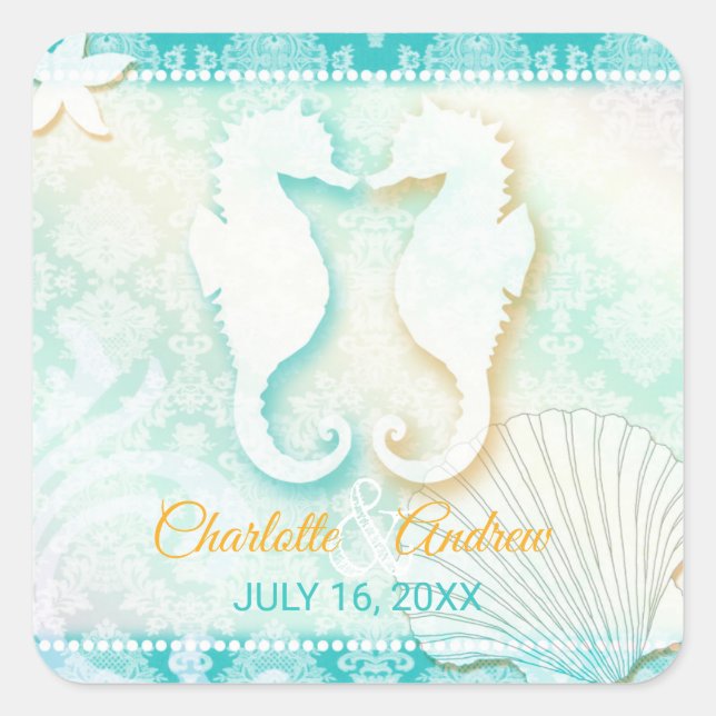 Romantic Seahorse Pair Beach Wedding Save the Date Square Sticker (Front)
