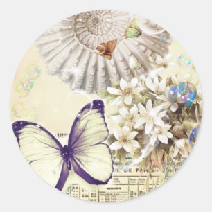 romantic seashells butterfly botanical wedding classic round sticker
