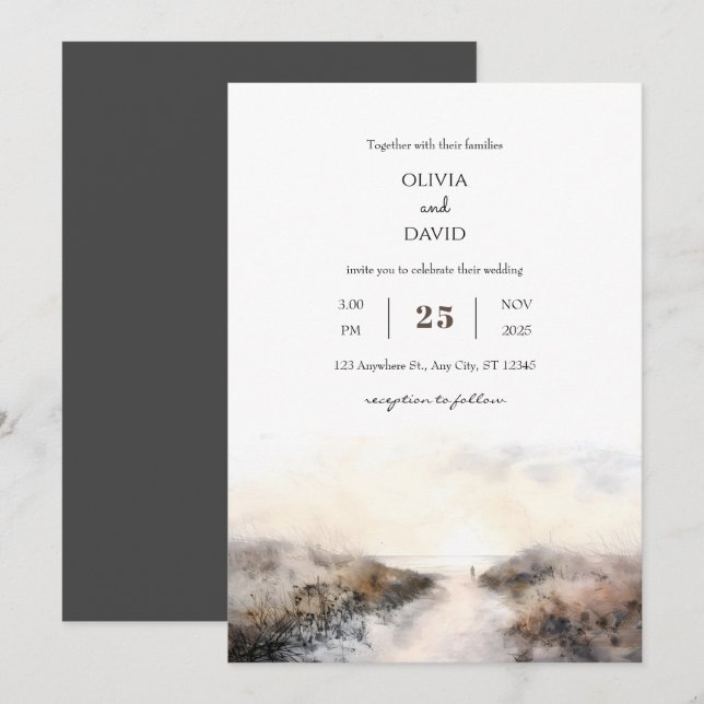Romantic Seaside Sandy Path Sunset Beach Wedding Invitation (Front/Back)