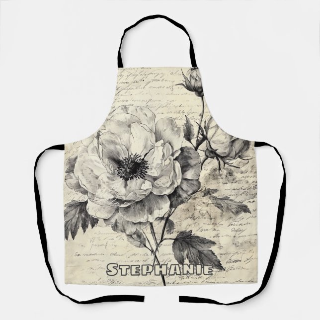 Romantic Sepia Flowers Vintage Paper Apron (Front)