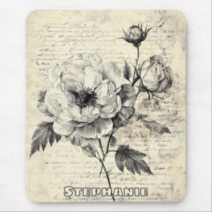Romantic Sepia Flowers Vintage Paper Mouse Mat