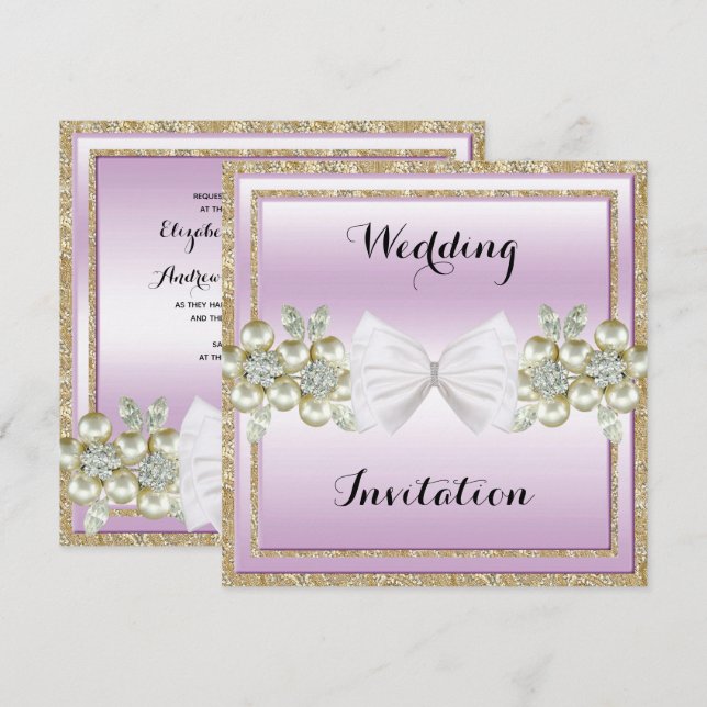 Romantic Sequins & Floral Gems Glitter Bow Wedding Invitation (Front/Back)