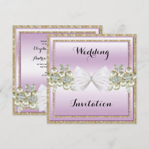 Romantic Sequins & Floral Gems Glitter Bow Wedding Invitation