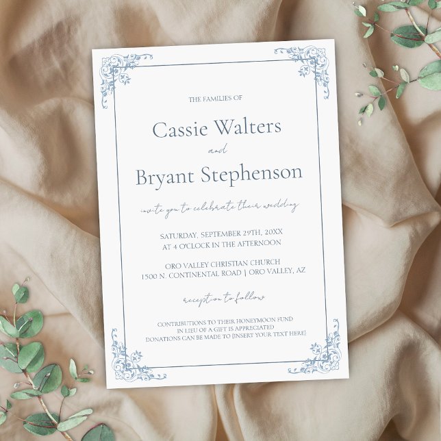 Romantic Shabby Chic Blue and White Wedding Invitation (Elegant blue and white shabby chic french elegant romantic wedding invitations for bridgerton theme)