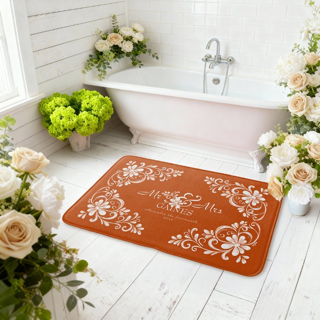 Romantic Shabby Chic Burnt Orange Mr Mrs Newlywed Bath Mat (Creator Uploaded)