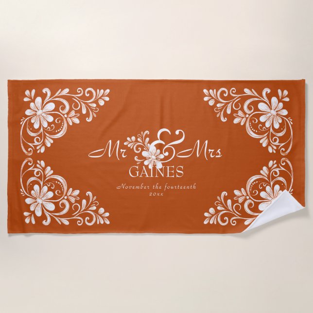 Romantic Shabby Chic Burnt Orange Mr Mrs Newlywed Beach Towel (Front)