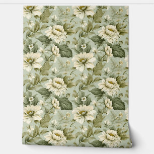 Romantic Shabby chic dusty green white flowers Wallpaper
