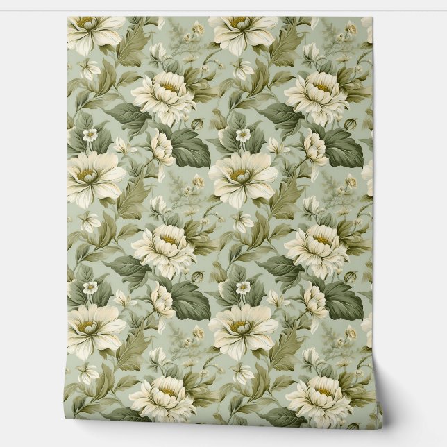 Romantic Shabby chic dusty green white flowers Wallpaper (Unrolling)