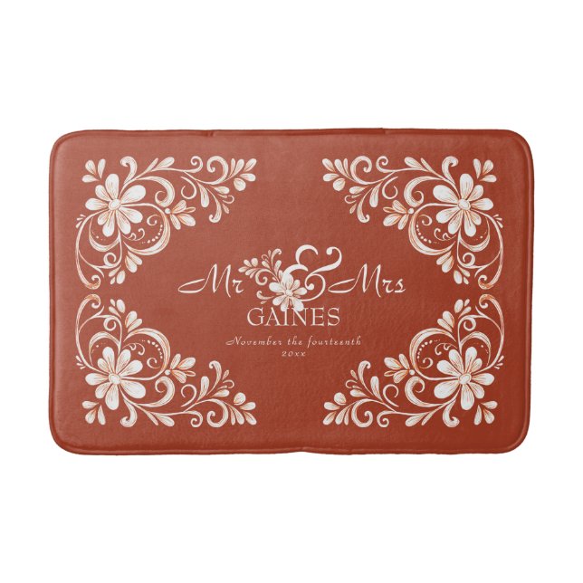 Romantic Shabby Chic Red Rust Mr Mrs Newlywed Bath Mat (Front)