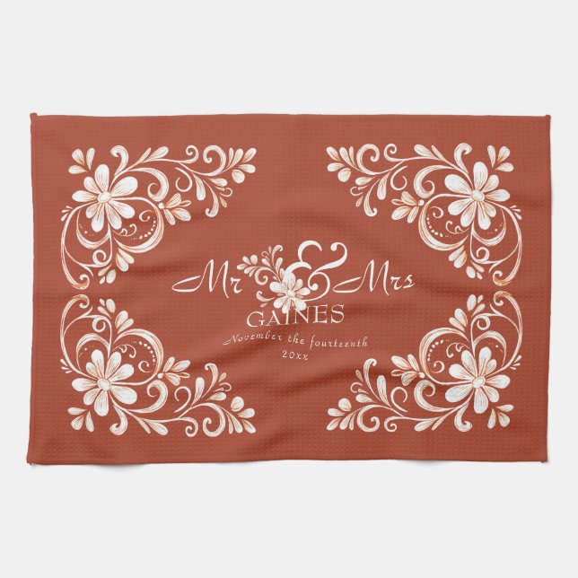 Romantic Shabby Chic Red Rust Mr Mrs Newlywed Tea Towel (Horizontal)