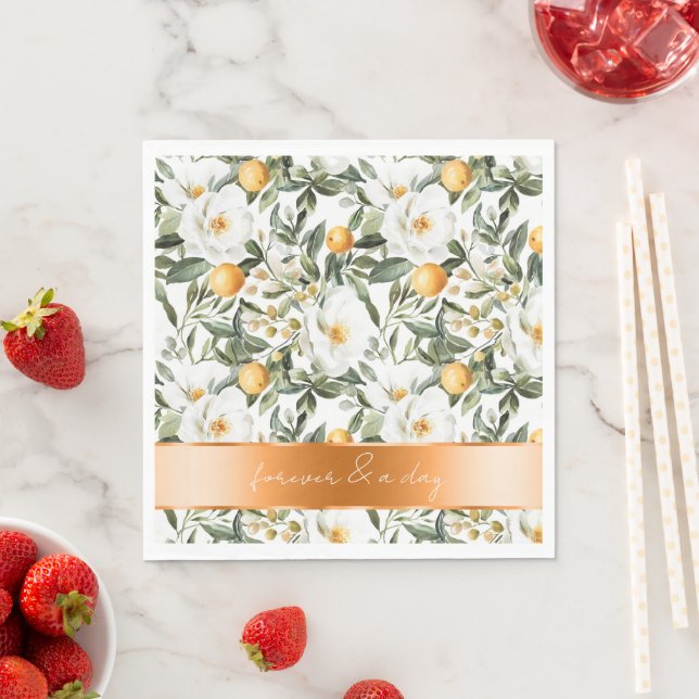 Romantic Sicilian Summer Floral Oranges Wedding Napkin (Insitu)