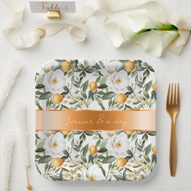 Romantic Sicilian Summer Floral Oranges Wedding Paper Plate (Wedding)