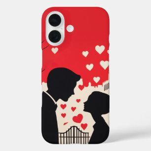 Romantic Silhouette Couple Cityscape Hearts iPhone 16 Case