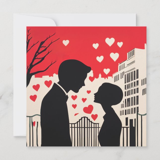 Romantic Silhouette Couple Cityscape Hearts Invitation (Front)
