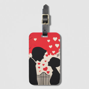 Romantic Silhouette Couple Cityscape Hearts Luggage Tag