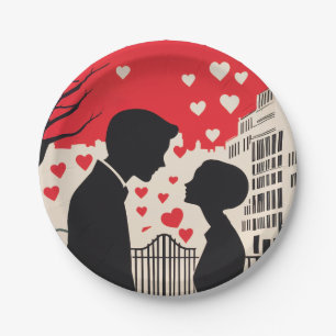 Romantic Silhouette Couple Cityscape Hearts Paper Plate