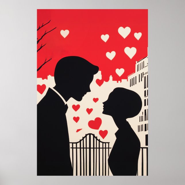Romantic Silhouette Couple Cityscape Hearts Poster (Front)