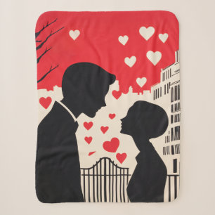Romantic Silhouette Couple Cityscape Hearts Sherpa Blanket