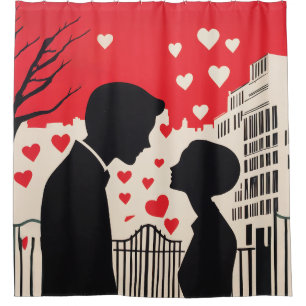 Romantic Silhouette Couple Cityscape Hearts Shower Curtain