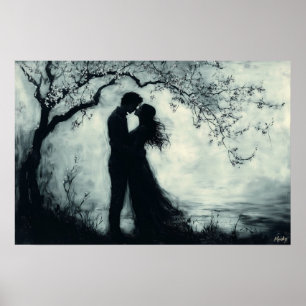 Romantic Silhouette Couple Under Tree Monochrome Poster