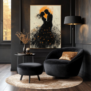 Romantic Silhouette with Golden Glow & Wildflowers Poster