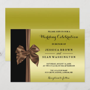 Romantic Silk Bow Gold & Black Wedding Invitation
