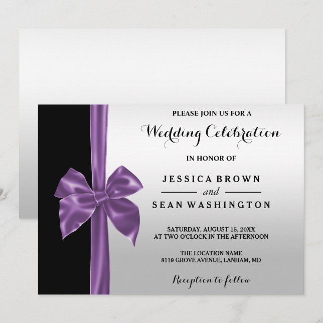 Romantic Silk Bow Silver & Black Wedding Invitation (Front/Back)