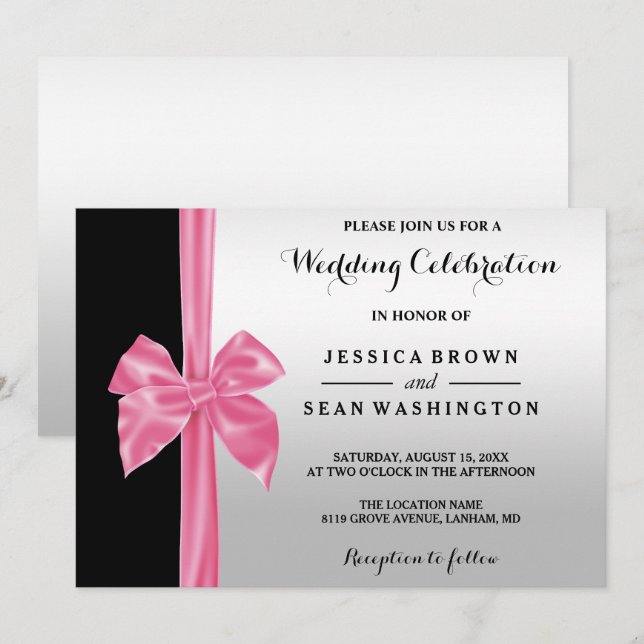 Romantic Silk Bow Silver & Black Wedding Invitation (Front/Back)
