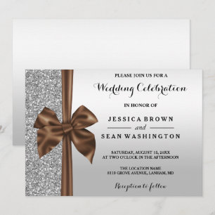 Romantic Silk Bow Silver Glitter & Black Wedding Invitation