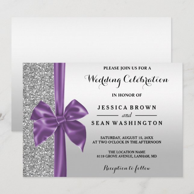 Romantic Silk Bow Silver Glitter & Black Wedding Invitation (Front/Back)